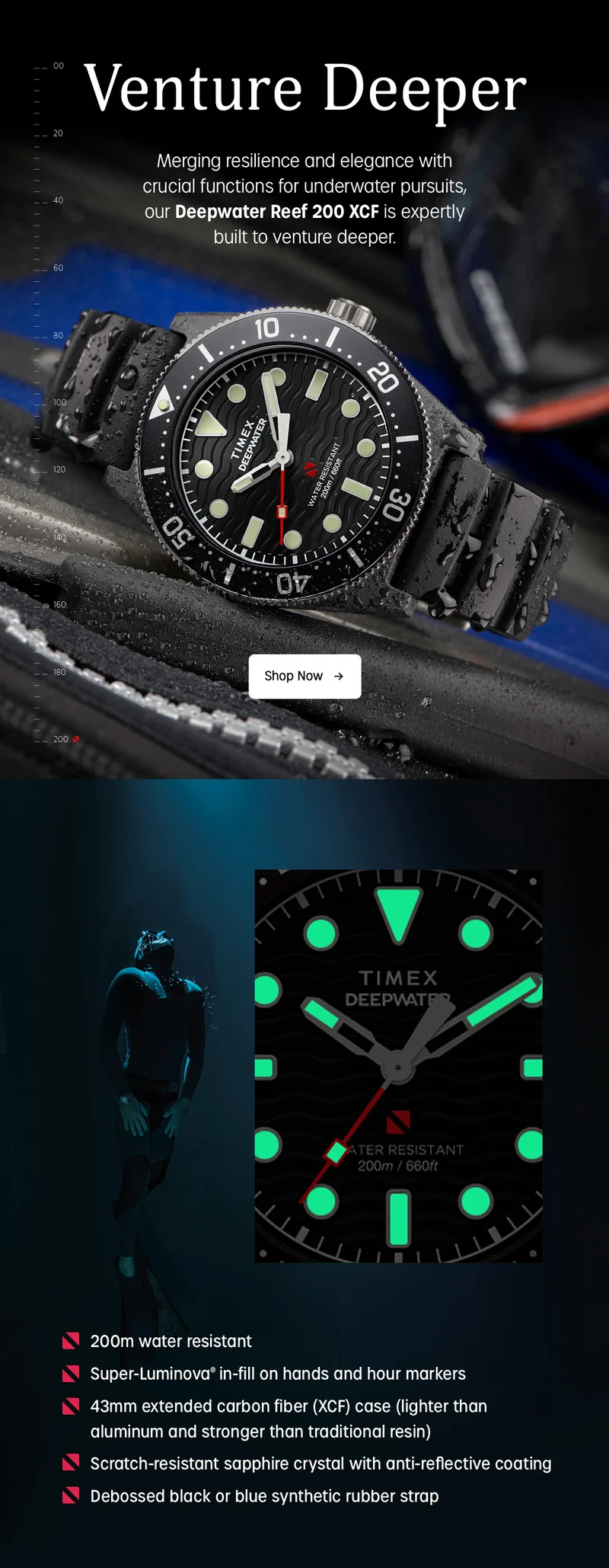 Venture Deeper | Merging resilience and elegance with crucial functions for underwater pursuits, our Deepwater Reef 200 XCF is expertly built to venture deeper. | 200m water resistant | Super-Luminova in-fill on hands and hour markers | 43mm extended carbon fiber (XCF) case (lighter than aluminum and stronger than traditional resin) | Scratch-resistant sapphire crystal with-reflective coating | Debossed black or blue synthetic rubber strap | Shop Now