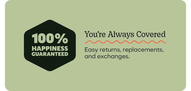 100% HAPPINESS GUARANTEED | You're Always Covered | Easy returns, replacements, and exchanges