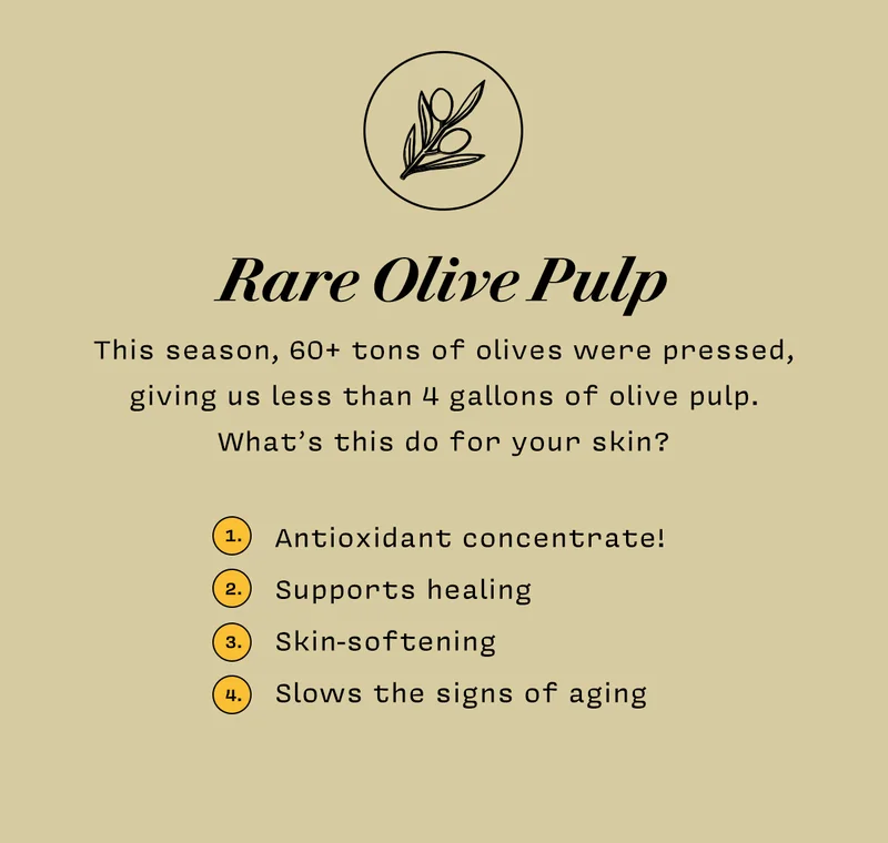 Rare Olive Pulp  This season, 60+ tons of olives were pressed, giving us less than 4 gallons of olive pulp.  What’s this do for your skin?   ✅Antioxidant concentrate!  ✅Supports healing ✅Skin-softening  ✅Slows the signs of aging