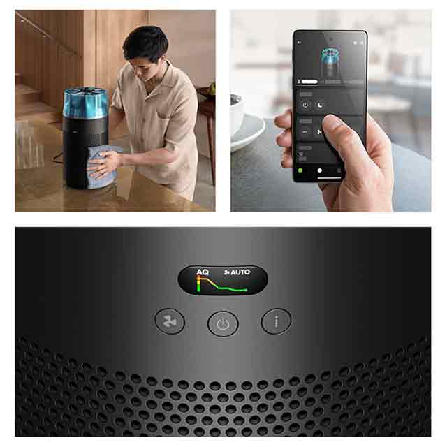 Grid of a person wiping down their Dyson HushJet Purifier, controlling via the app, and the LCD display on the machine.