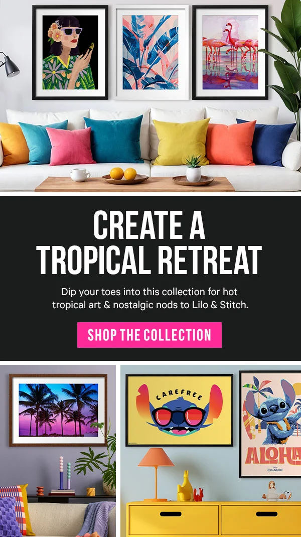 Create a Tropical Retreat. Dip your toes into this collection for hot tropical art & nostalgic nods to Lilo & Stitch.