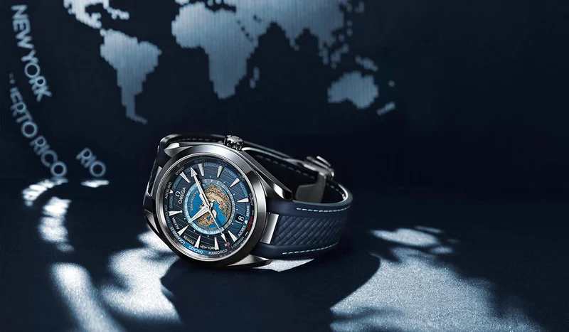 Seamaster Aqua Terra 150M Worldtimer with a blue dial on a blue background.