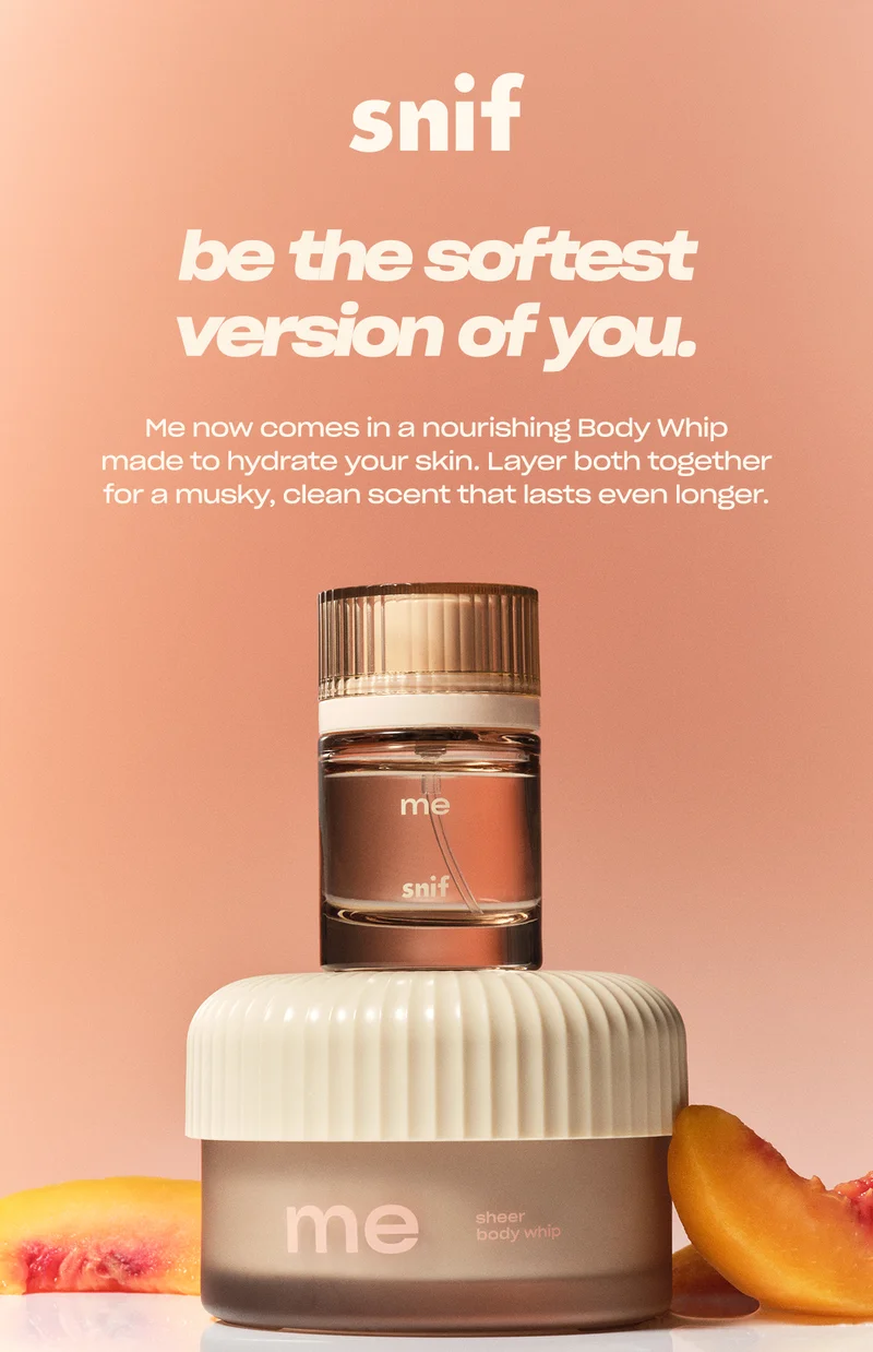 Me now comes in a nourishing Body Whip made to hydrate your skin. Layer both together for a musky, clean scent that lasts even longer.