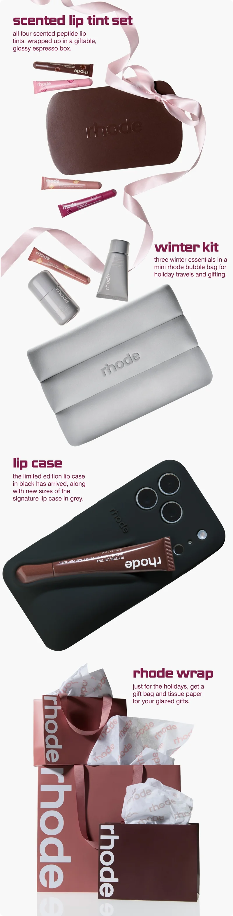 rhode holiday shop: scented lip tint set, winter kit, lip case, rhode wrap