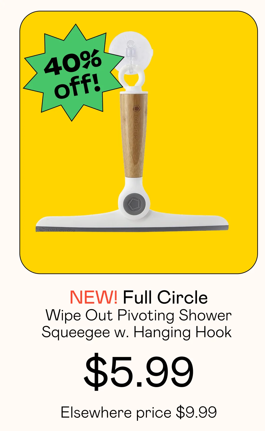 Wipe Out Pivoting Shower Squeegee with Hanging Hook - White