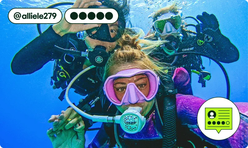 Image Description: Three people snorkeling under water. A conversation bubble illustration is on the bottom right corner of the image.