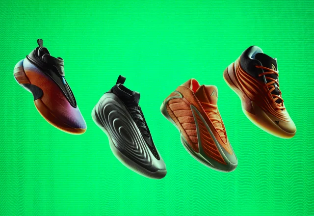 4 adidas signature basketball shoes levitating over a green digitalized backdrop.