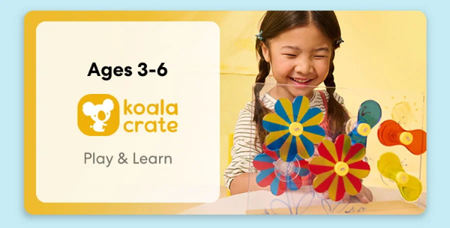 Young child smiling while working on creative KiwiCo Sprout projects, perfect for ages 3–6 for play and learn.