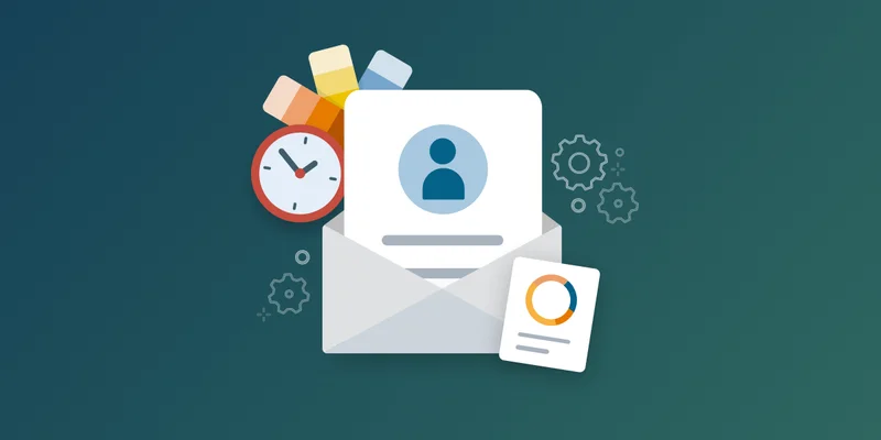 Illustration of an open envelope containing a document with a profile icon, surrounded by a clock, color swatches, and a data chart