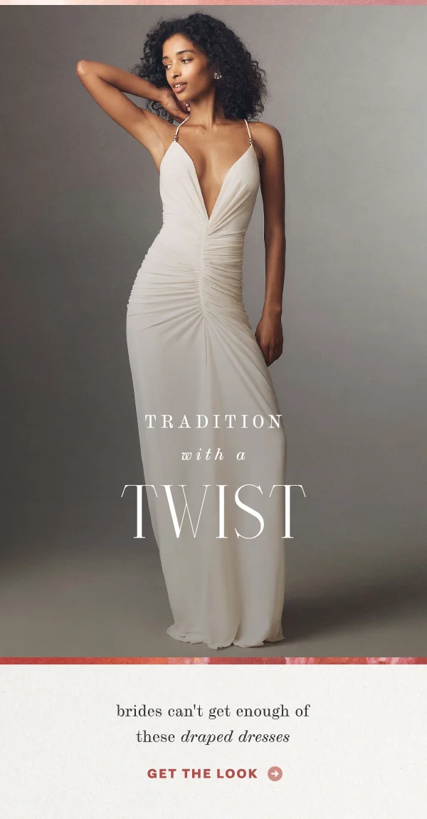 tradition with a twist, brides can't get enough of these draped dresses, get the look