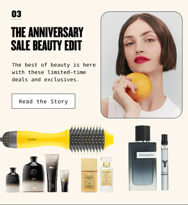 Woman wearing bold lipstick; Anniversary Sale beauty products.
