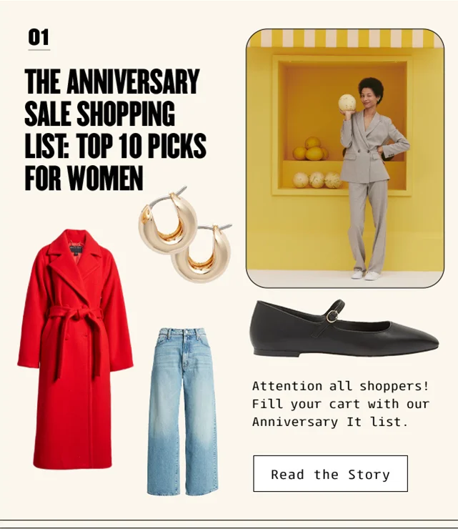 Model wearing a suit; women's Anniversary Sale items.