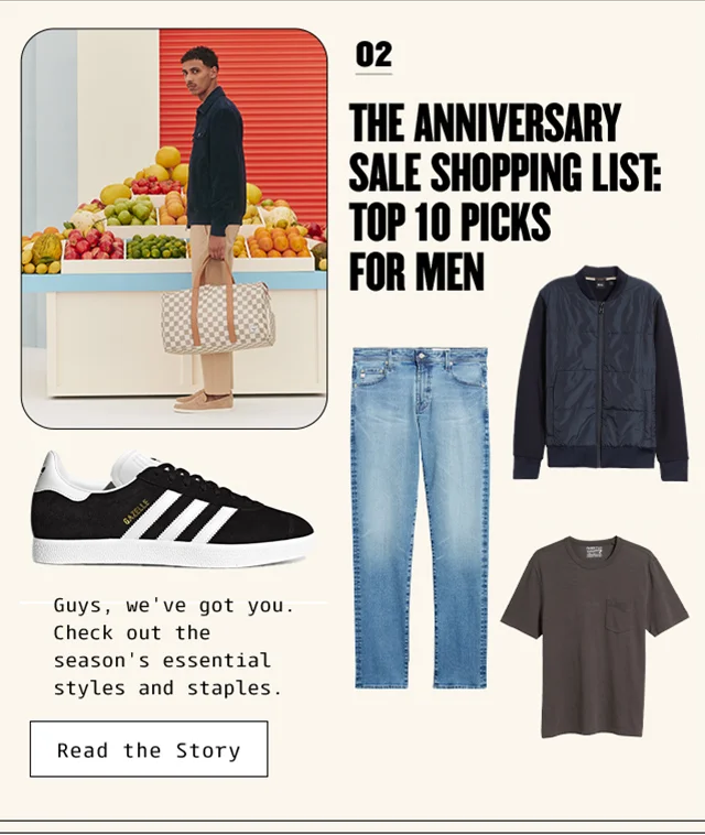 Model holding a duffle bag; men's Anniversary Sale items.