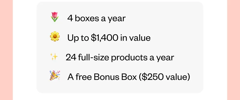 4 boxes a year | Up to $1,400 in value | 24 full-size products a year | A free Bonus Box ($250 value)