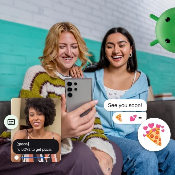 Two people looking at a phone with Abstract messaging icons and a video messaging frame around them.