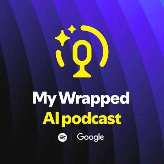My Wrapped AI Podcast logo. Yellow microphone icon with yellow and blue background.