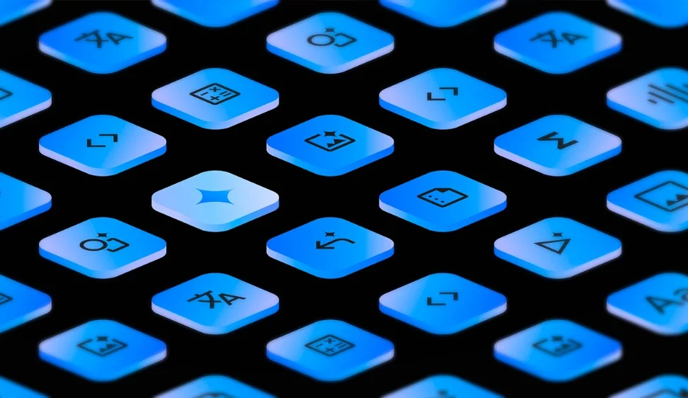 A grid of square icons with various symbols, including text formatting tools, image editing tools, and a four-pointed star.