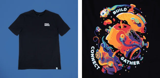 Close up of the front and back Star Birds shirt designs