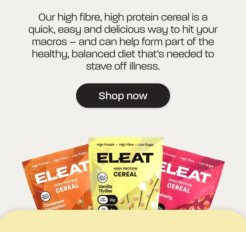 Our high fibre, high protein cereal is a quick, easy and delicious way to hit your macros – and can help form part of the healthy, balanced diet that’s needed to stave off illness.