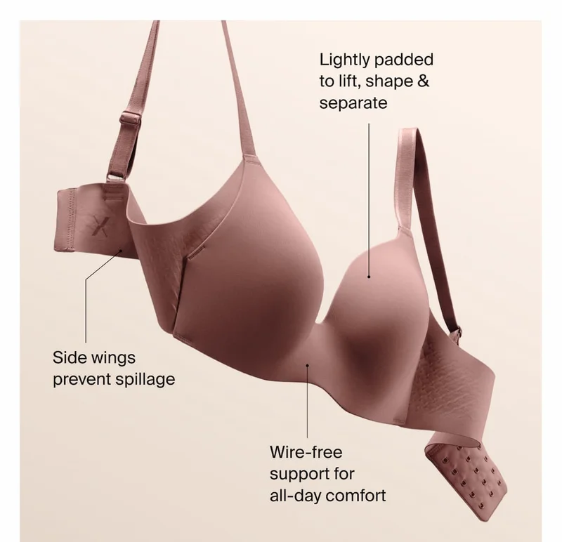 Lightly padded to lift, shape & separate, side wings prevent spillage, wire-free support for all-day comfort