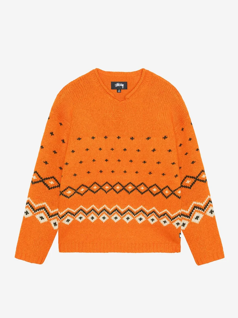 Image of Stussy Roll V Neck Fairisle Sweater - Orange