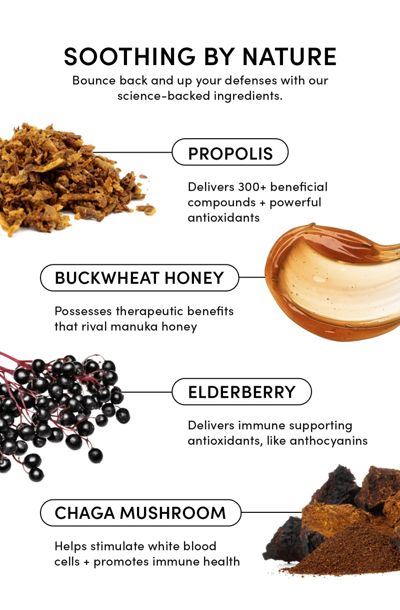 Soothing By Nature                  Bounce back and up your defenses with our science-backed ingredients.     Propolis    Delivers 300+ beneficial compounds + powerful antioxidants     Buckwheat Honey   Possesses therapeutic benefits that rival manuka honey       Elderberry  Delivers immune supporting antioxidants, like anthocyanins   Chaga Mushroom   Helps stimulate white blood cells + promotes immune health