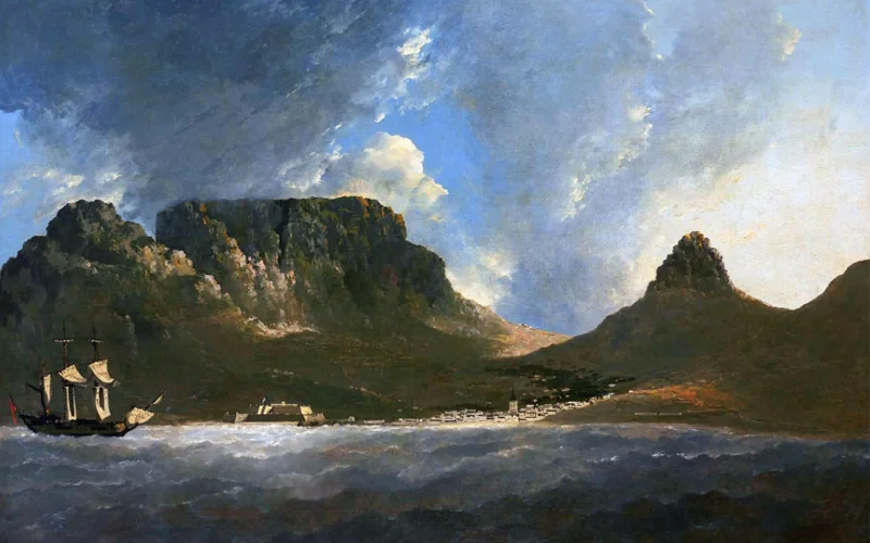 A painting titled “A View Of The Cape of Good Hope, Taken on the Spot, From on Board the 'Resolution,' Capt. Cooke' by English landscape painter William Hodges, 1772.