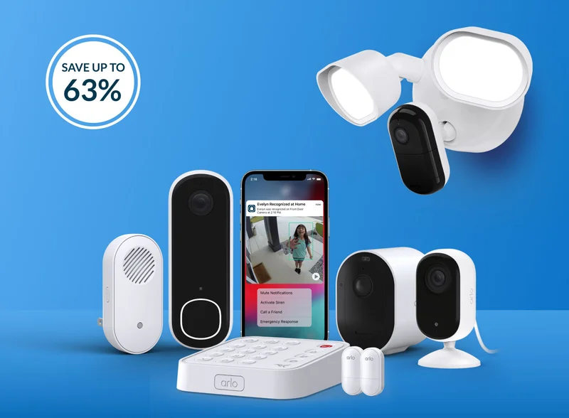 Up to 63% off. Various Arlo home security products next to a phone displaying a simulated screen image of an Arlo Secure notification