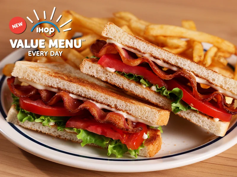 The Value Menu BLT and fries on a plate on a wooden table.