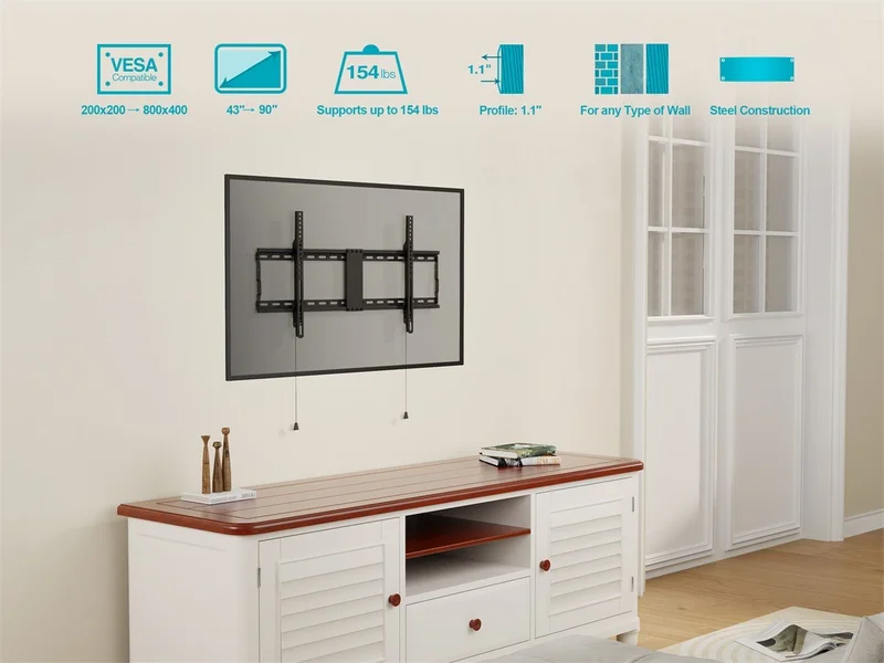 Monoprice Essential Fixed TV Wall Mount Bracket Extra Wide For 43" To 90" TVs up to 154lbs, Max VESA 800x400, UL Certified, Fits Curved Screens