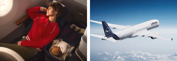 Right: A Lufthansa plane in the sky. Left: A woman looks pleased out of the plane window. A small child is sleeping next to her.