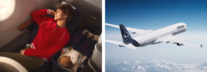 Right: A Lufthansa plane in the sky. Left: A woman looks pleased out of the plane window. A small child is sleeping next to her.