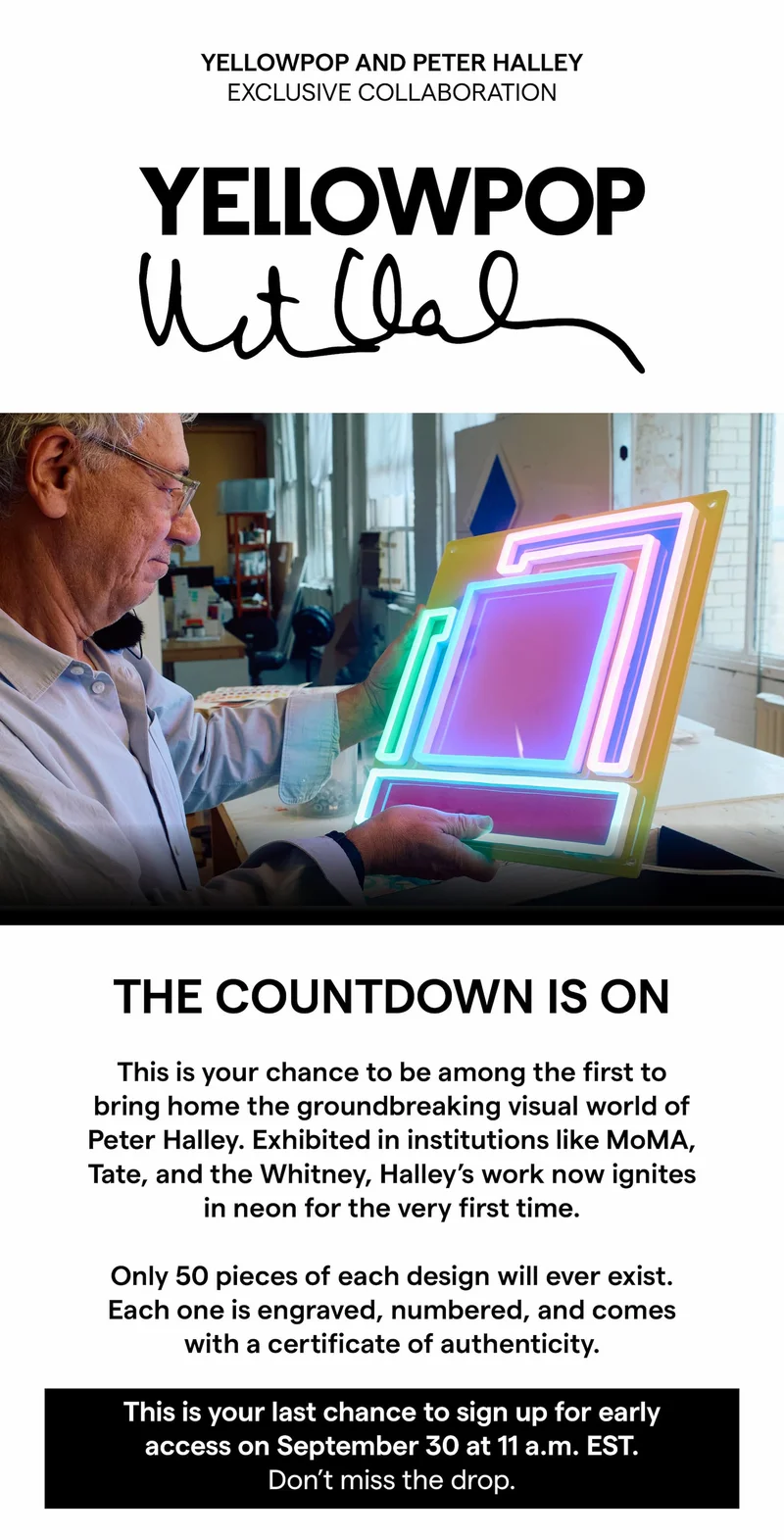 THE COUNTDOWN IS ON This is your chance to be among the first to bring home the groundbreaking visual world of Peter Halley. Exhibited in institutions like MoMA, Tate, and the Whitney, Halley's work now ignites in neon for the very first time. Only 50 pieces of each design will ever exist. Each one is engraved, numbered, and comes with a certificate of authenticity.