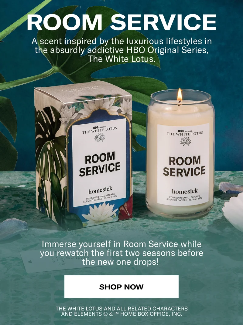 Room service | A scent inspired by the luxurious lifestyles in the absurdly addictive HBO Original Series, The White Lotus. | Immerse yourself in Room Service while you rewatch the first two seasons before the new one drops!&nbsp;| Shop now | THE WHITE LOTUS and all related characters and elements © & ™ Home Box Office, Inc.