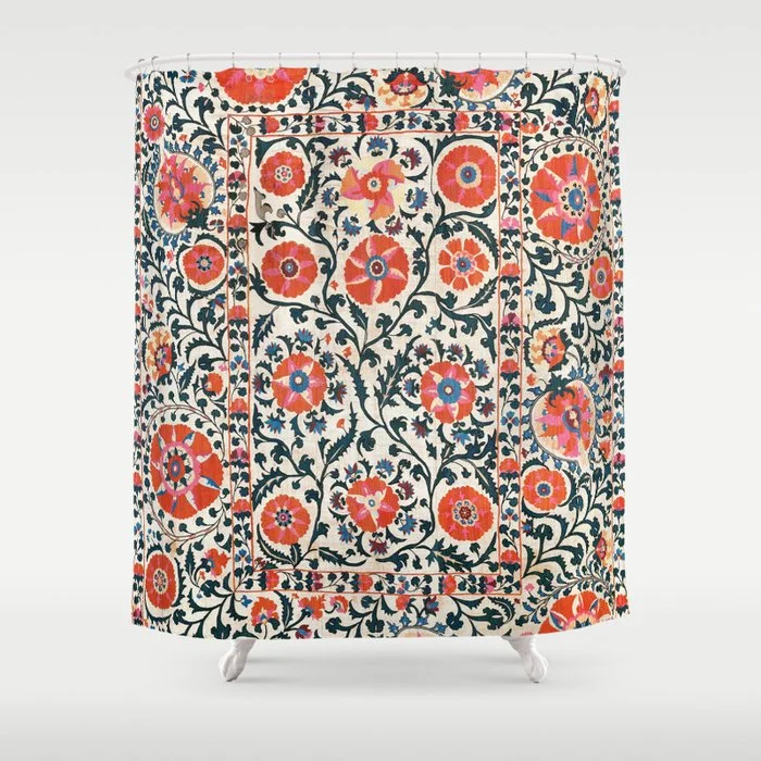 Shakhrisyabz Suzani Uzbekistan Antique Floral Embroidery Print Shower Curtain Shower Curtain