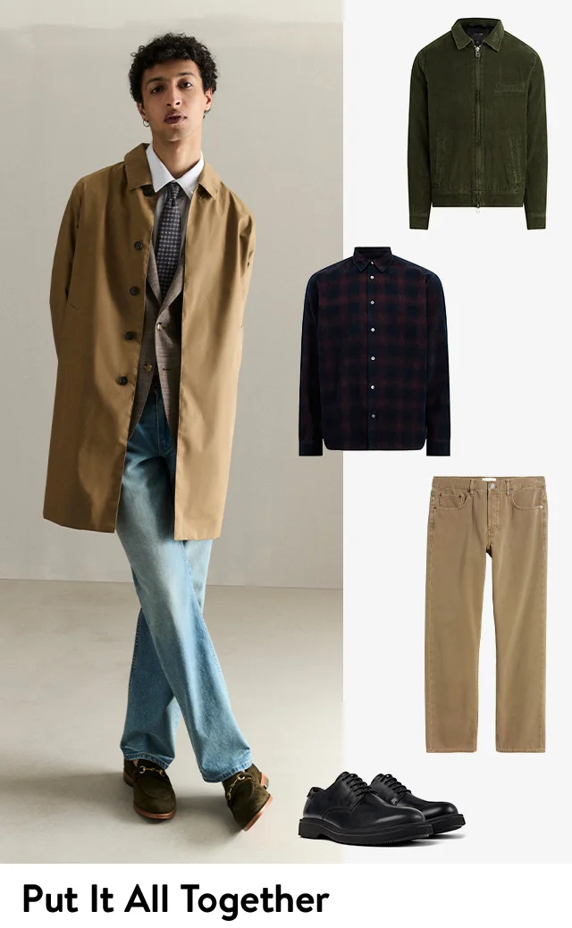A man wearing a light coat over a blazer and jeans. Corduroy jacket, plaid shirt, tan pants, black oxfords.