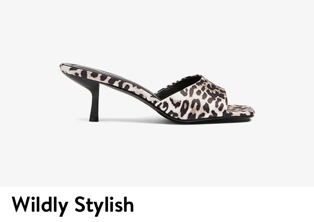 Heels, flats and boots in animal prints and black leather.