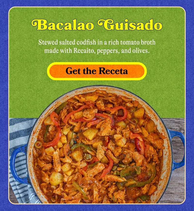 Bacalao Guisado. Stewed salted codfish in a rich tomato broth made with Recaito, peppers, and olives. Get the Receta