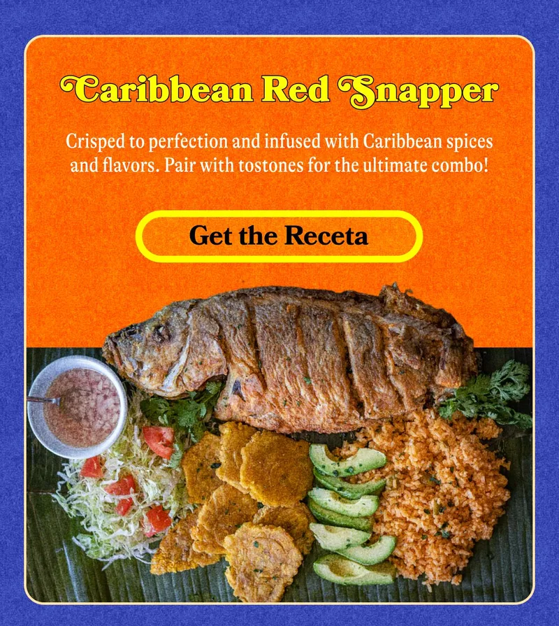 Caribbean Red Snapper. Crisped to perfection and infused with Caribbean spices and flavors. Pair with tostones for the ultimate combo! Get the Receta