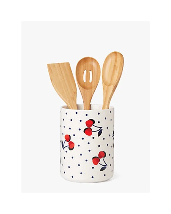 Vintage Cherry Dot Utensil Crock With Utensils