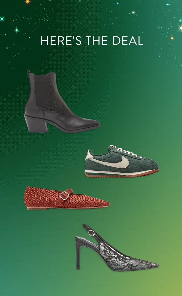 A black-lace slingback heel, green sneaker, black boot and brown woven flat.