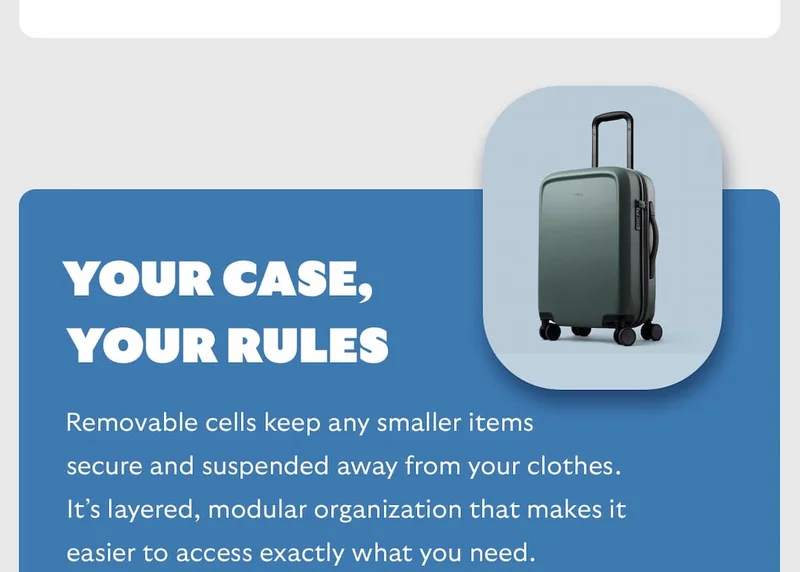 Your case, your rules. Removable cells keep any smaller items secure and suspended away from your clothes. It’s layered, modular organization that makes it easier to access exactly what you need.