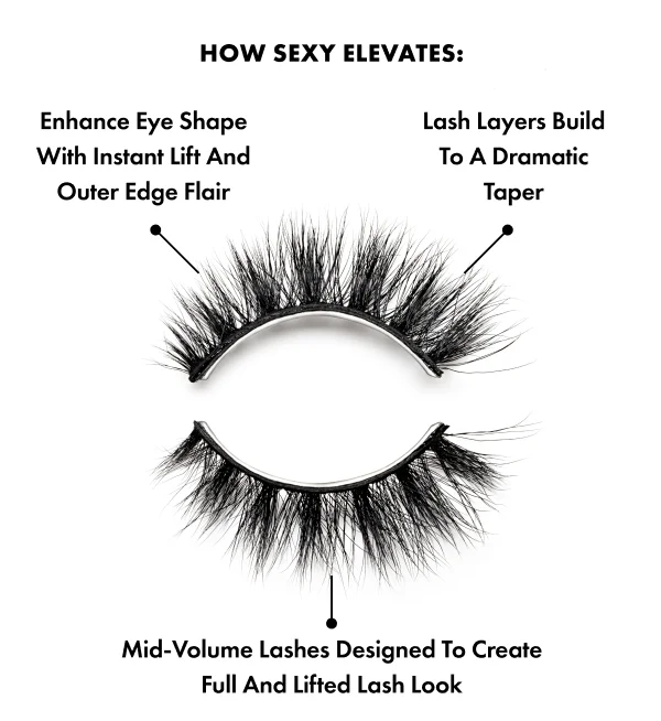 How sexy Elevates: Enhance eye shape with instant lift and outer edge flair  lash layers build to a dramatic taper mid-volume lashes designed to create full and lifted lash look
