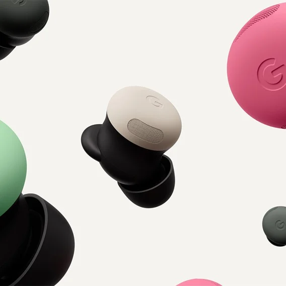 Illustration of Pixel Buds Pro 2 in multiple colors like Porcelein and Wintergreen