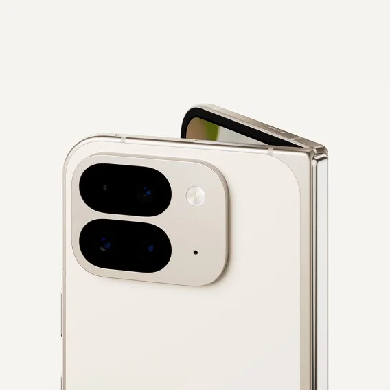 a picture of a slightly open new Pixel 9 Pro Fold with emphasis on the camera