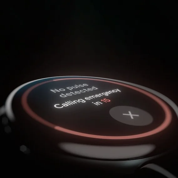 Image of the surface of a watch reading 'No pulse detected Calling emergency in 15'