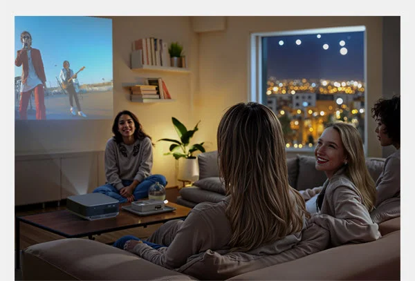 Image: 4 friends together in a living room watching projected images from the EF-30.
