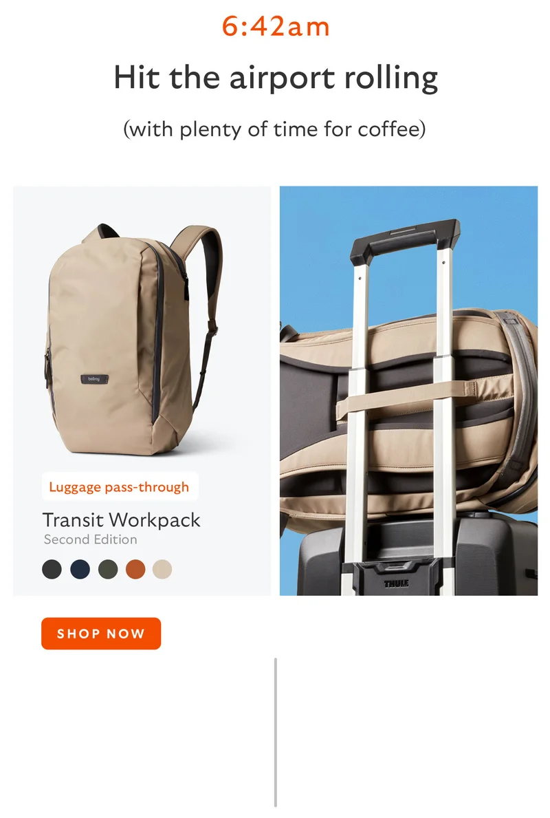 6:42am: Hit the airport rolling (with plenty of time for coffee) Transit Workpack 20L (Second Edition) – stone *Luggage pass-through
