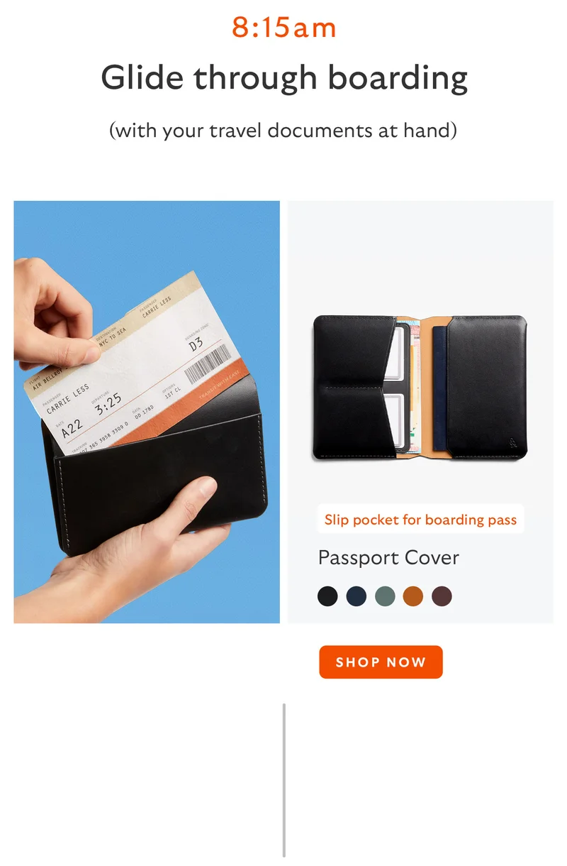 8:15am: Glide through boarding (with your travel documents at hand) Passport Cover – black  *Slip pocket for passport and boarding pass