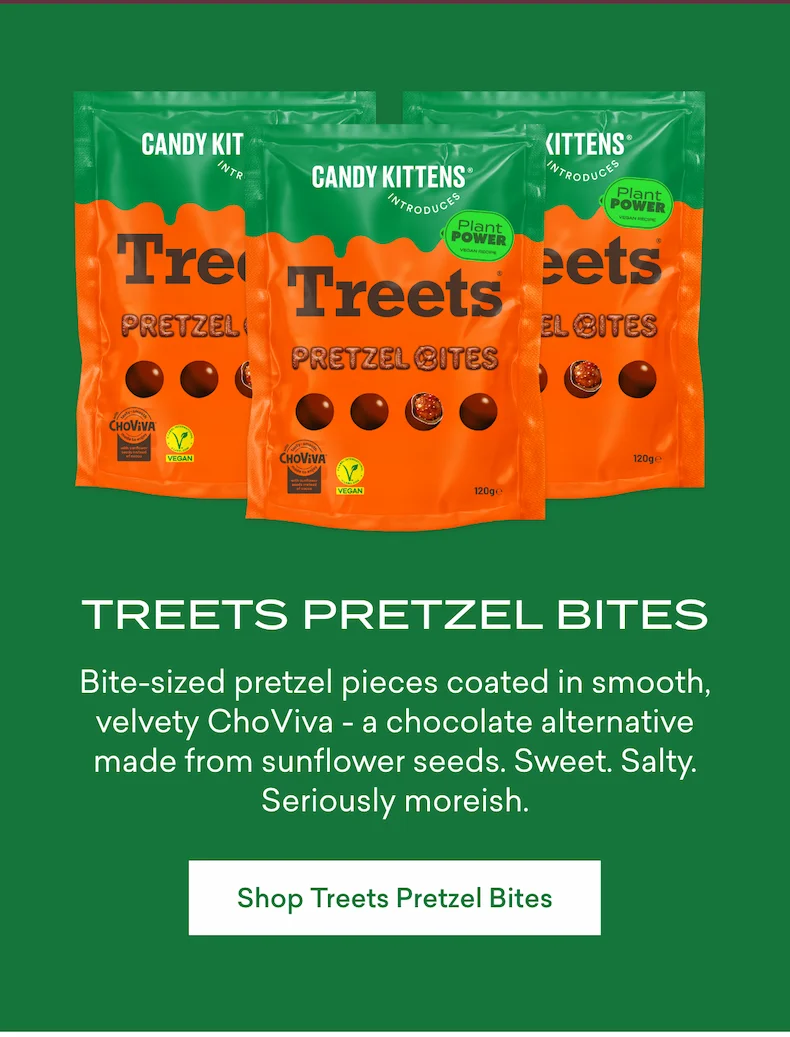 Treets Pretzel Bites  Bite-sized pretzel pieces coated in smooth, velvety ChoViva -&nbsp;a chocolate alternative made from sunflower seeds.&nbsp;Sweet. Salty. Seriously moreish.